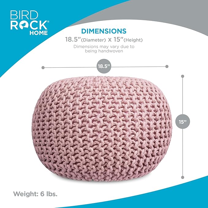 BIRDROCK HOME Round Pouf Ottoman | Cotton Braided Foot Stool with Bean Bag Filling | Boho Foot Rest for Living Room & Bedroom | Compact & Comfortable Seating, Lightweight & Soft | Dusty Rose