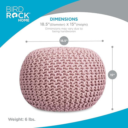 BIRDROCK HOME Round Pouf Ottoman | Cotton Braided Foot Stool with Bean Bag Filling | Boho Foot Rest for Living Room & Bedroom | Compact & Comfortable Seating, Lightweight & Soft | Dusty Rose