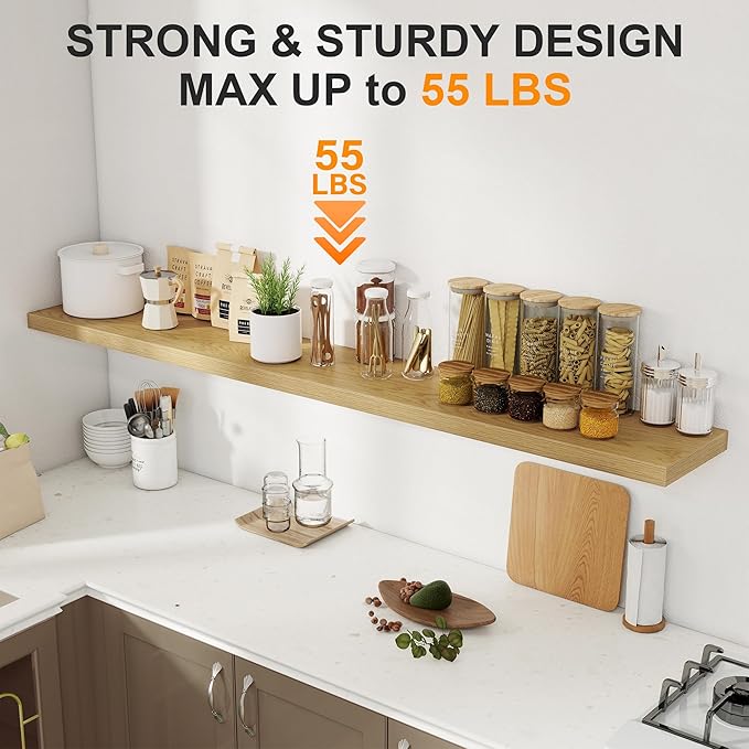 72 Inch Floating Shelves for Wall, 8 Inch Deep Floating Shelf, Large Shelves with Invisible Bracket for Books|Storage, Rustic Wood Wall Shelf for Bedroom, Kitchen, Living Room, Oak