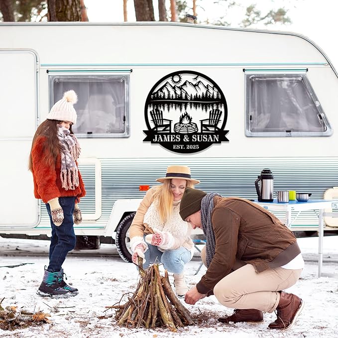 Personalized Camping Signs Custom Outdoor Campfire Metal Sign Custom Mountain Campfire Sign Family Name Sign Personalized Camping Gifts Fire Pit Cabin Campsite Sign(Campfire)