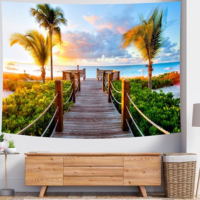Delur Beach Sunset Tapestry Tropical Seaside Palm Tree Coastal Tapestry Wall Hanging Sunrise Nature Landscape Scenic Psychedelic Headboard for Bedroom Living Room Home Decor (70.8" x 92.5")