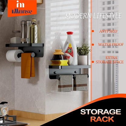 Double Toilet Paper Holder with Shelf, Commercial Toilet Paper Towel Holder Wall Mount, Tissue Roll Holder for Bathroom Kitchen RV, Double Tissue Roll Rack with Adhesive & Screw (Matte Black)