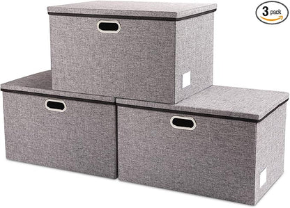 PRANDOM Extra Large Collapsible Storage Bins with Lids [3-Pack] Linen Fabric Foldable Storage Baskets Boxes Organizer Containers Cube with Cover for Bedroom Closet Office Nursery (22.8x15.75x13.8)