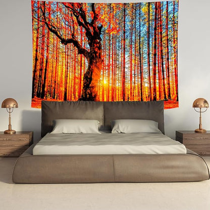 Delur Sunset Forest Tapestry Tree of Life Tropical Rainforest Landscape Tapestry Wall Hanging Scenic Nature Woodland Natural Sunrise Headboard for Bedroom Living Room Home Decor (51.2" x 59.1")