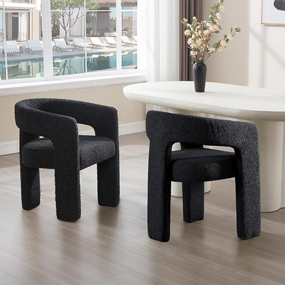 Black Sherpa Dining Chairs Set of 2, Modern Barrel Dining Room Chairs Upholstered Faux Fur Accent Chair with Arms and Round Back for Living Room Kitchen Armchair No Assembly Needed