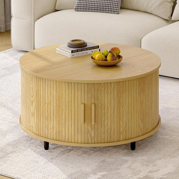 Round Coffee Table with Storage, 31.5" Modern Coffee Table with 360° Curved Sliding Door, Fluted Wood Accent Coffee Table with Adjustable Footpads, Round Center Table for Living Room, Oak