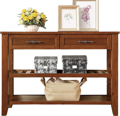 Solid Wood Console Table Entryway Table with Storage Drawers and Shelves Sofa Tables (42" Brown)