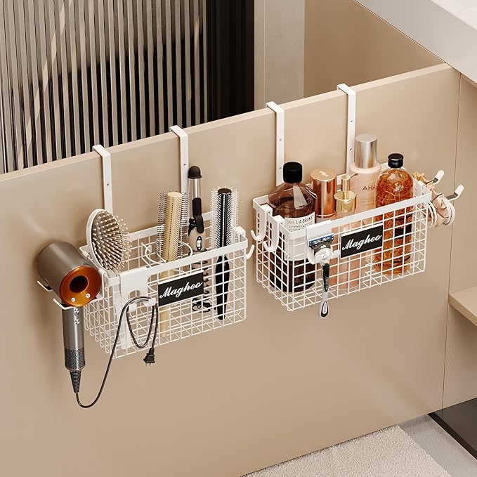 2 Pack Hair Tool Organizer,Adhesive Hair Dryer Holder Cabinet Door/Wall Mounted Adjustable Height Blow Dryer Holder Under Sink Bathroom Hair Appliance Organizer and Storage Countertop(White)