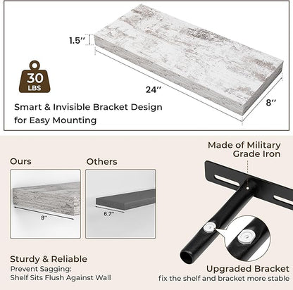 RICHFOCUS 24Inch Floating Shelves for Wall 2 Pack Shelves for Bedroom|Kitchen|Bathroom Wall Mounted Rustic Distressed Wood Floating Shelf with Invisible Brackets for Books|Storage|Decor, Rustic