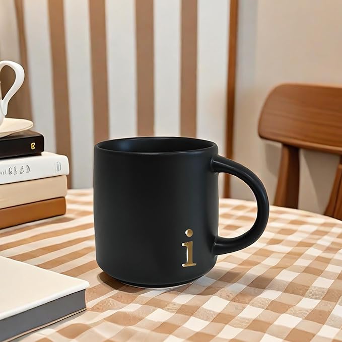 COLLECTIVE HOME - Black Monogram Ceramic Mugs, 15 oz Golden Initial Coffee Cups, Elegant Alphabet Tea Mugs, Personalized Halloween Mug with Gift Box, Perfect for Office and Home Décor (i)