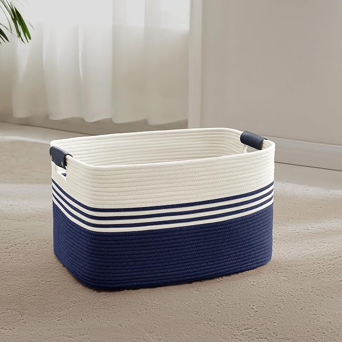 45L Small Laundry Basket with Leather Handles for Living Room Storage, Woven Rope Baskets Bin for Blanket, Kids Toy, Gifts, Wicker Hamper for Bedroom Dirty Clothes, 18"x14"x11" White Navy