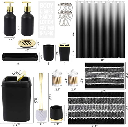 25PCS Black Bathroom Accessories Sets Complete, with Shower Curtain, Rugs, Trash Can and Toilet Brush, Soap Dispenser, Toothbrush Holder and Cup, Soap Dish, Qtip Holder, Bathroom Decor Sets