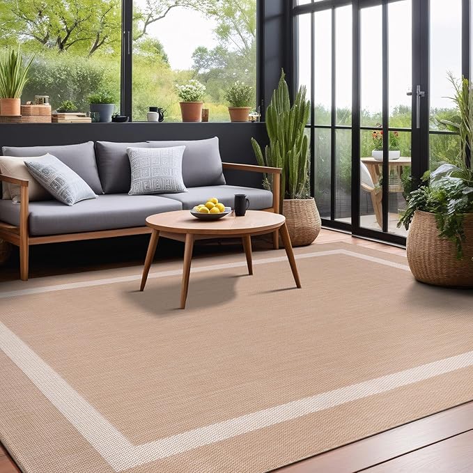 Bordered Outdoor Rug 6x9 Washable Outside Carpet for Indoor Patio Porch Waterproof Easy Cleaning Non Shedding Area Rugs Beige 6 x 9