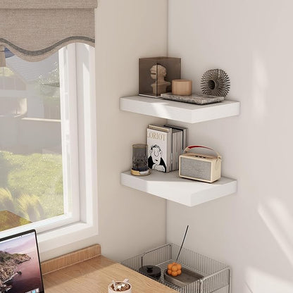 12 Inch Deep White Floating Shelves, 16 x 12 Floating Shelf for Books, Rustic Wood Deep Wall Shelves for Home Storage & Display, 2" Thicked Shelves for Kitchen, Living Room, Bedroom, 2 Pack