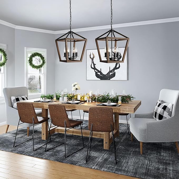 4-Light Lantern Pendant Light,Black Wood Cage Farmhouse Chandelier for Kitchen Island,12'' Rustic Metal Geometric Hanging Lighting Fixture for Kitchen Island Dining Room Bedroom Foyer Entry