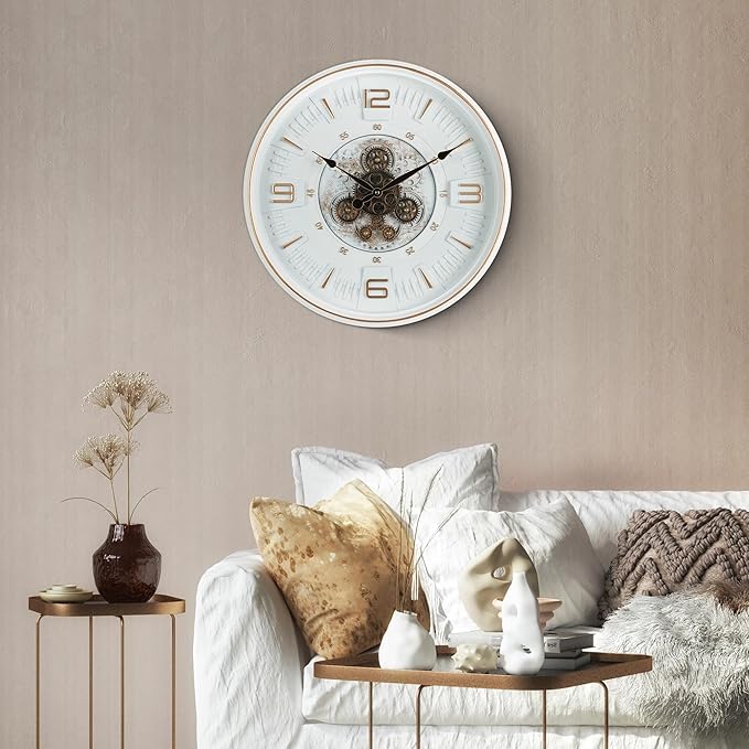Maxstar Large Vintage Moving Gear Wall Clock, 20''Battery Operated Industrial Steampunk Metal Decor for Living Room, Office,Fireplace, Farmhouse(Arabic Number-Platinum Coating)