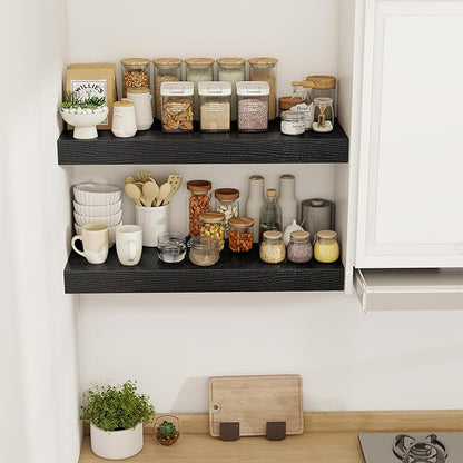 30 Inch Floating Shelves, 12" Deep Floating Shelf Wall Mounted, 30" Wall Shelves, Rustic Deep Bookshelf, Extra Deeper & Thicker Display Shelves for Bedroom, Living Room, Black, Set of 2