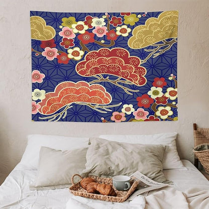 HZOHNAGO Japanese Tapestry Art Abstract Colorful Cherry Blossom Blue Background Pattern Printed Wall Tapestry Painting Wall Hanging for Bedroom Living Room Dorm 40" W x 30" H