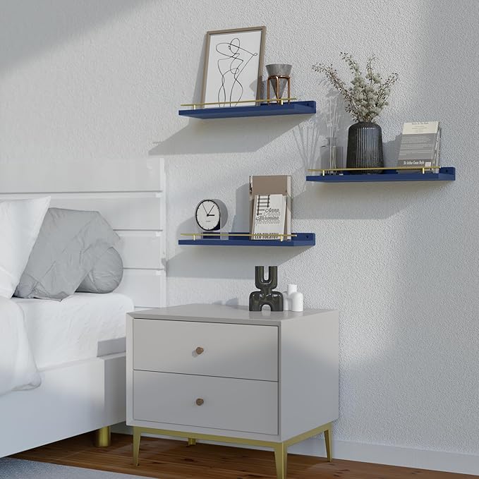 WOPITUES Floating Shelves with Gold Metal Guardrail, Shelves for Wall Decor Set of 3, Wall Shelves for Bedroom, Bathroom, Kitchen, Living Room, Plants, Picture Frames, Art- Gold in Navy Blue