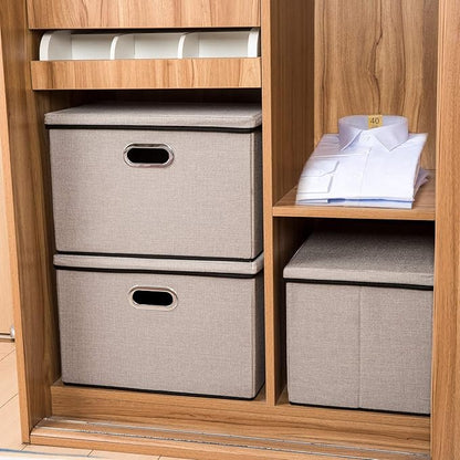 PRANDOM Large Foldable Storage Bin with Lid [1-Pack] Linen Fabric Decorative Storage Box Organizer Container Basket Cube with Handles Divider for Closet Office Living Room Light Grey(17.7x11.8x11.8)