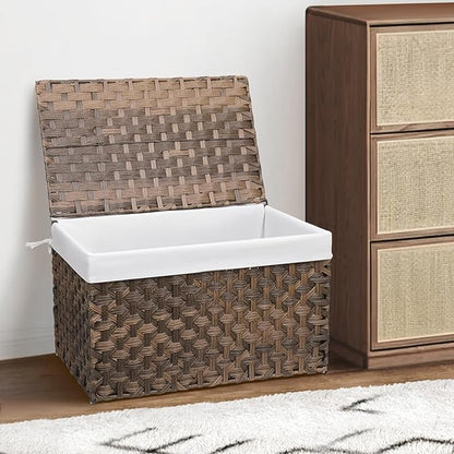 Wicker Storage Basket with Lid, 42.3 Gallon (160L) Large Blanket Basket with Lid, Woven Storage Bin with Handles, Removable Liner, Metal Frame, Foldable, for Bedroom, Laundry Room, Brown