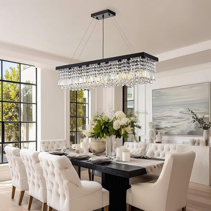 8 Light Modern Crystal Chandelier for Dining Room,Rectangular Rectangle Raindrop Crystal Light Fixture,Height Adjustable for Kitchen Island L40''xW10''xH10''