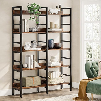 Tribesigns 5-Tier Industrial Bookshelf, 71”H x 47”W Etagere Bookcase, Freestanding Double Wide Book Shelf for Storage and Display, Wood and Metal Bookshelves for Living Room Home Office, Rustic Brown
