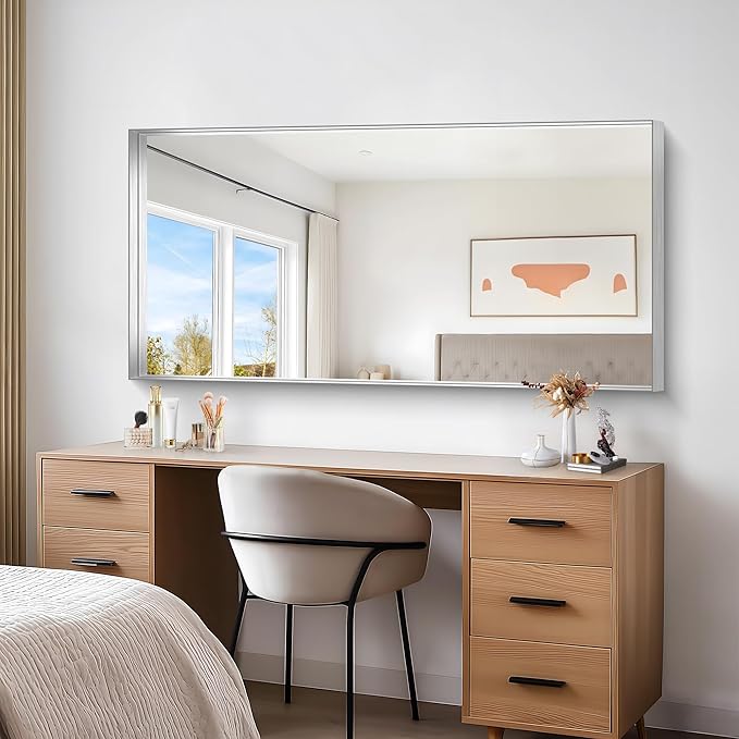 Silver Bathroom Mirror, 30x60 Inch Rectangular Deep Frame Mirror, Large Wall Mounted Bathroom Vanity Mirror Over Sink for Bedroom,Restroom, Living Room, Hangs Vertically or Horizontally