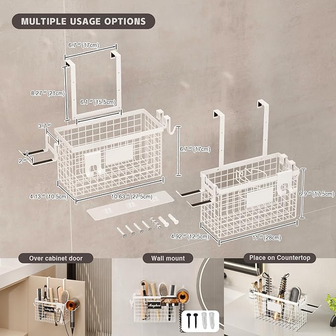 2 Pack Hair Tool Organizer,Adhesive Hair Dryer Holder Cabinet Door/Wall Mounted Adjustable Height Blow Dryer Holder Under Sink Bathroom Hair Appliance Organizer and Storage Countertop(White)