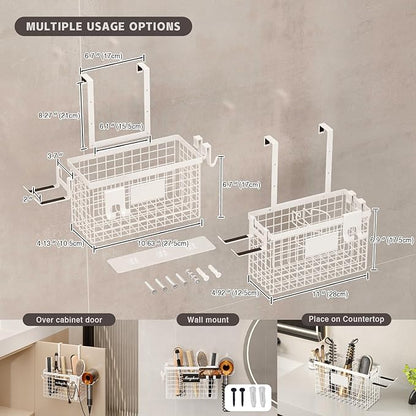 2 Pack Hair Tool Organizer,Adhesive Hair Dryer Holder Cabinet Door/Wall Mounted Adjustable Height Blow Dryer Holder Under Sink Bathroom Hair Appliance Organizer and Storage Countertop(White)