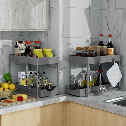 Under Sink Organizer 2 Pack，Bathroom Cabinet Organizer，2 Tier Sliding Cabinet Basket Organizer Drawer, Multi-Purpose Bath Collection Baskets for Bathroom (Grey)