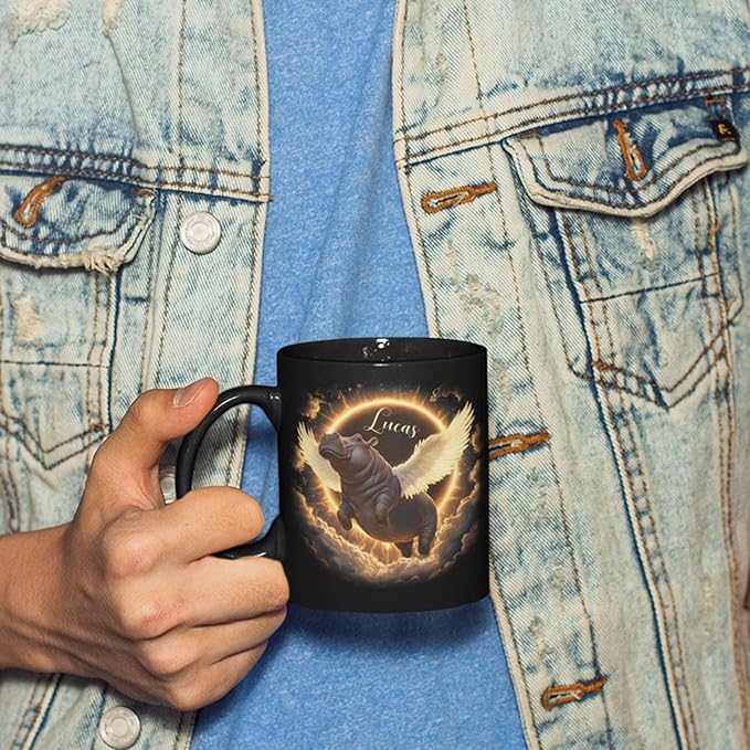 Personalized Choose Name Coffee Mug, Custom Hippo Ceramic Coffee Cup 11oz 15oz, Fantasy Animal Black Cup for Kids, Custom Whimsical Hippo with Wings Mug, Gifts for Holiday