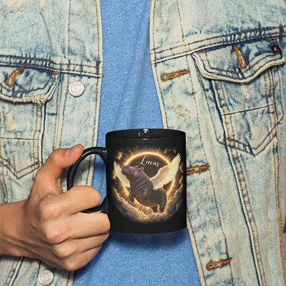 Personalized Choose Name Coffee Mug, Custom Hippo Ceramic Coffee Cup 11oz 15oz, Fantasy Animal Black Cup for Kids, Custom Whimsical Hippo with Wings Mug, Gifts for Holiday