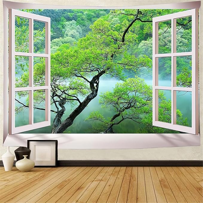 FENDROM Misty Lake Forest Tapestry Wall Hanging Nature Green Tree Landscape Window View Tapestries for Bedroom Living Room Dorm Decor