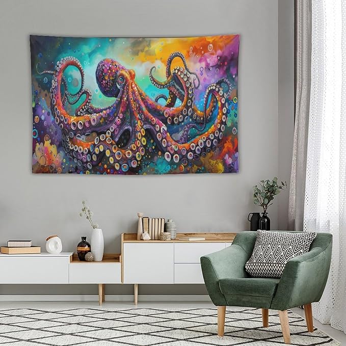 Octopus Tapestry Octopus Tapestries Ocean Navy Coastal Fabric Wall Hanging Aesthetic Space Indoor Outdoor Wall Art Tablecloth Bedspread for Bedroom Dormitory Living Room Home Decor 40"x60"