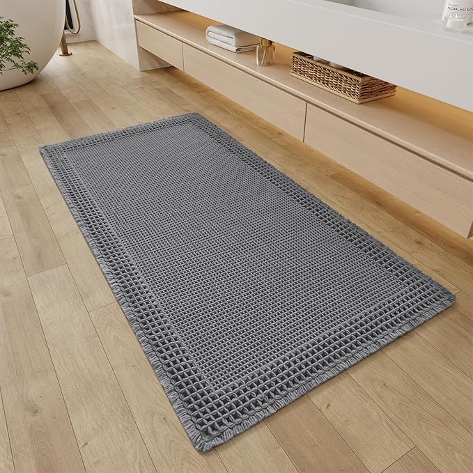 RESARE Waffle Bathroom Runner Rugs, Super Absorbent Bath Mat Non Slip Washable Quick Dry, Upgraded Ultra Soft Boho Bath Rugs with Tassels for Hallway Bedroom Laundry Room, 2'x4'(24"x48"), Dark Grey