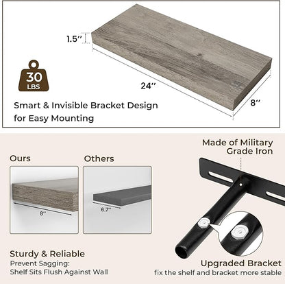 RICHFOCUS 24Inch Floating Shelves for Wall 2 Pack Shelves for Bedroom|Kitchen|Bathroom Wall Mounted Rustic Wood Floating Shelf with Invisible Brackets for Books|Storage|Decor, Grey