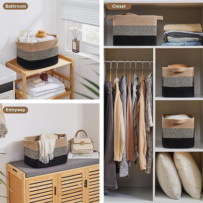 Storage Basket for Organizing, Woven Baskets for Storage, Rectangle Decorative Baskets for Shleves, Closet, Toys, Books, Nursery Organizer Bins - Pack of 3 (Black & Brown)
