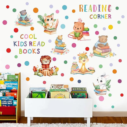 Reading Corner Decor,Reading Books Wall Decals,Learning Study Wall Stickers,Cartoon Animals Window Decals,Giraffe Bear Rabbit Read Books Stickers for Toddler Nursery Bedroom Classroom School