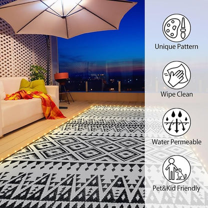 Outdoor Rug Mat with Led Strip Lights for Patio, 8x10ft Waterproof Reversible Plastic Straw Rugs, Camping Carpet Area Mats for RV, Porch, Deck, Backyard, Balcony, Camper, Black & White
