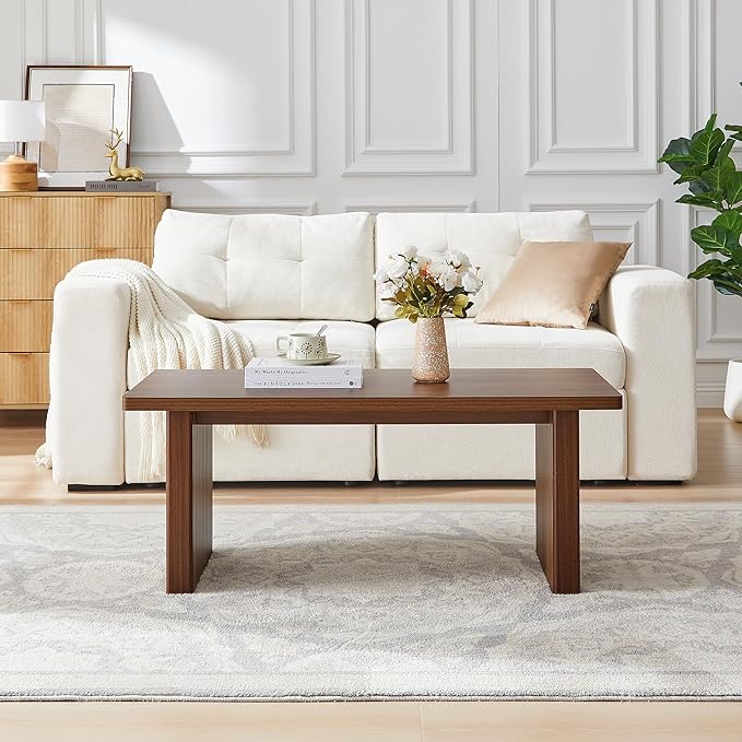 Rectangular Fluted Coffee Table, Farmhouse Wood Coffee Table Mid Century Modern Center Table Boho Living Room Tables for Living Room Office (Walnut, 19.69" D x 43.3" W x 17.72" H)