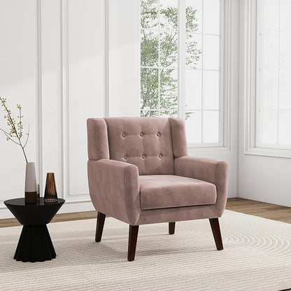 UIXE Accent Chair, Velvet Upholstered Armchair for Living Room, Modern Club Arm Chairs Comfy Single Sofa Button Tufted Bedroom Reading Seat - Skin Pink, Set of 1