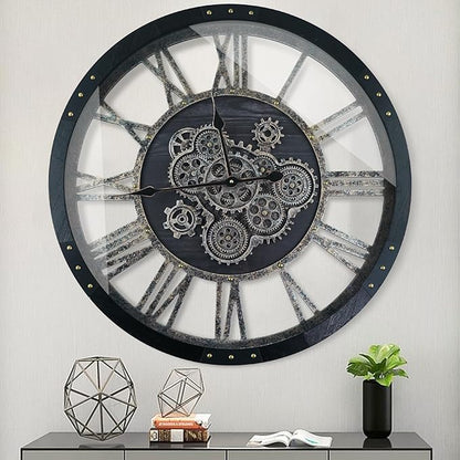 27 Inch Moving Gear Wall Clock, Oversized Wall Clocks, Clock Living Room Decor, Solid Wood Frame, Battery Operated, Large Wall Clock with Steampunk Industrial for Fireplace(Black)