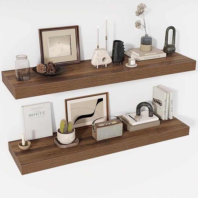 48 Inch Floating Shelves, 12" Deep Floating Shelf Wall Mounted, 48" Wall Shelves, Rustic Deep Bookshelf, Extra Deeper & Thicker Display Shelves for Bedroom, Living Room, Walnut, Set of 2