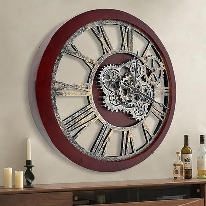 HOIBAI Large Wall Clock, Wall Clocks for Living Room Decor 30 Inch Farmhouse Vintage Rustic Kitchen Wall Decor Vintage Roman Oversized Wall Clock for Home Bedroom House, Moving Gears Clock