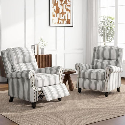 UIXE Pushback Recliner Chairs Set of 2, Fabric Armchair Push Back Accent Chair for Living Room, Rivet Trim Club Chair Overstuffed Home Theater Bedroom Reading Seat - Stripe Gray