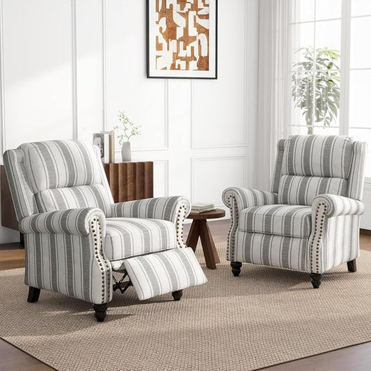 UIXE Pushback Recliner Chairs Set of 2, Fabric Armchair Push Back Accent Chair for Living Room, Rivet Trim Club Chair Overstuffed Home Theater Bedroom Reading Seat - Stripe Gray