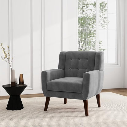 UIXE Accent Chair, Velvet Upholstered Armchair for Living Room, Modern Club Arm Chairs Comfy Single Sofa Button Tufted Bedroom Reading Seat - Gray, Set of 4