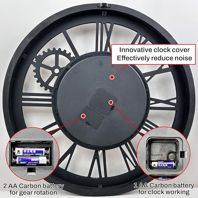 The B-Style Large Wall Clock 24 inch Moving Gear Wall Clock Oversized Vintage Farmhouse Wall Clocks for Living Room Decor Rustic Industrial Wood Clock (Carbon Gray, 36 inch/90cm)