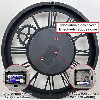 The B-Style Large Wall Clock 24 inch Moving Gear Wall Clock Oversized Vintage Farmhouse Wall Clocks for Living Room Decor Rustic Industrial Wood Clock (Carbon Gray, 36 inch/90cm)